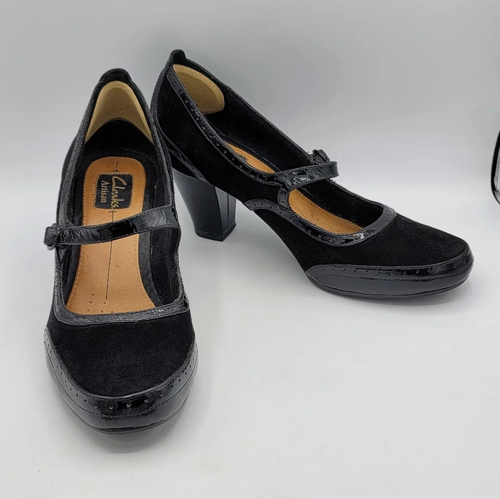 Clarks Artisan Diamond Shine Mary Jane Pumps Black Suede Patent 10" Footbed - Picture 15 of 15